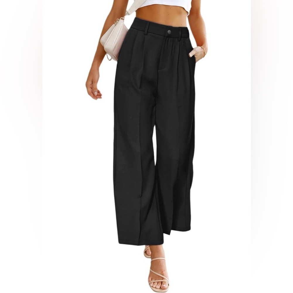 Women’s casual wide leg high waisted pleated flowy pants Black 14